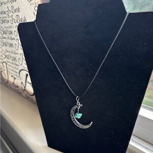 Silver Crescent Moon Necklace with Turquoise Crystal Handmade with Love ☮️❤️🔆